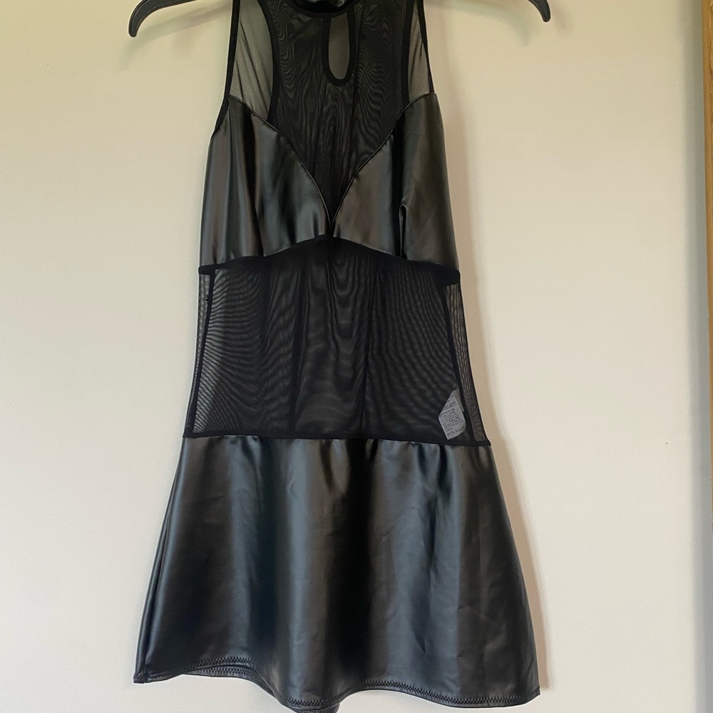 SXY Sheer Contrast Mesh PU Leather Dress Lingerie Mini Dress.